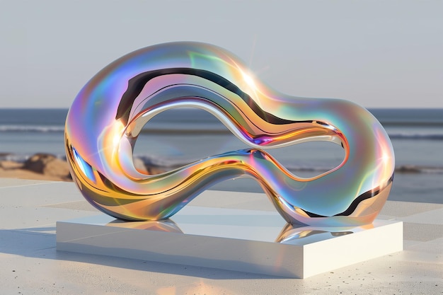 Holographic liquid metal 3D shape wavy design unique sculpture on pedestal standing at the sea shore