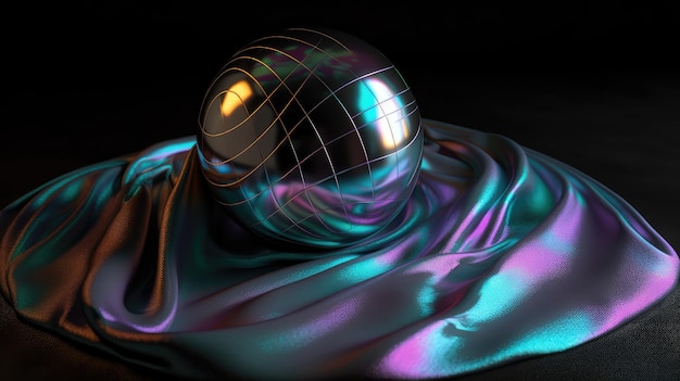 Holographic metallic liquid silk waves and sphere abstract background Generative AI