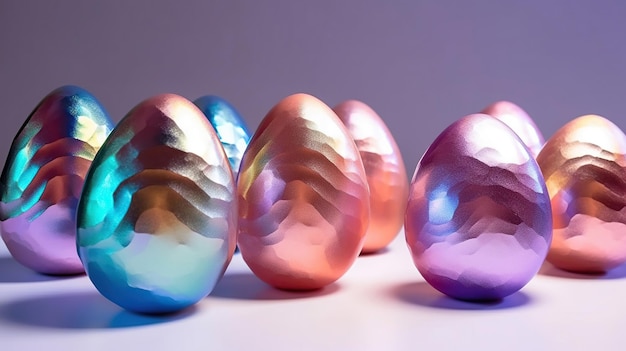 Holographic metallic painted eggs on a gradient background made with Generative AI