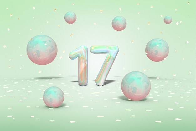 Holographic number 17 with flying shiny neon balls and gold confetti