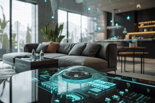 A holographic personal assistant in a modern home setting AI generated