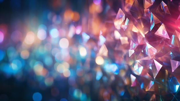 A holographic rainbow effect over a dark background with crystal glimmers and colorful bokeh