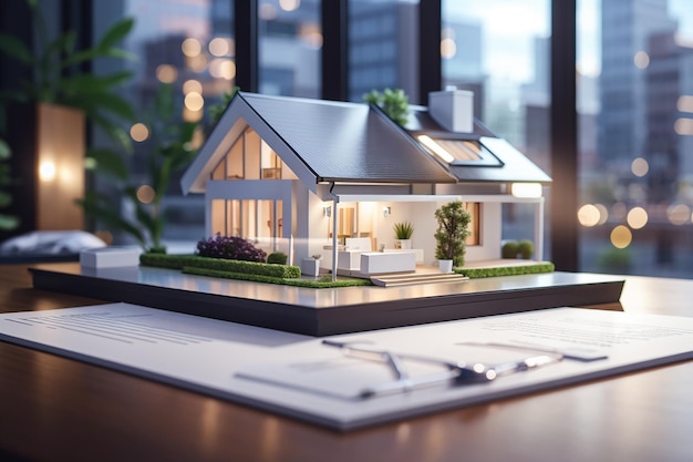 ホログラフィック不動産 住宅ローン契約に署名するテーブルの上の小さな家の未来的な3Dモデル