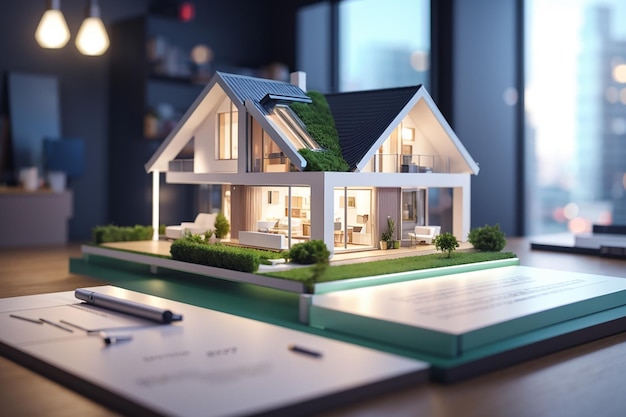 Голографическая недвижимость Футуристическая 3D-модель небольшого дома на столе, подписывающей ипотечные контракты
