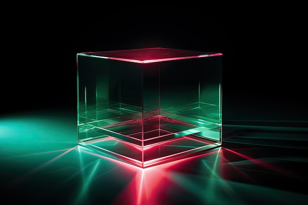 A holographic redgreen cube on a dark background