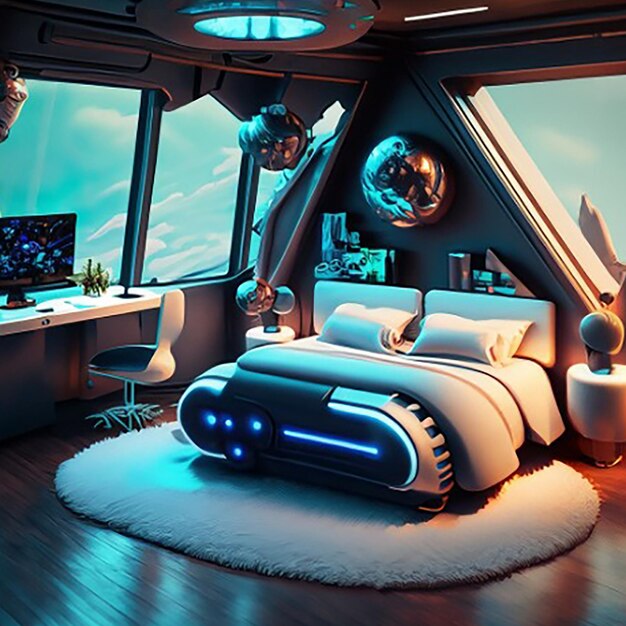 Голографический умный современный высокотехнологичный научно-фантастический киберпанк футуристический интерьер спальни 3D дизайн дома