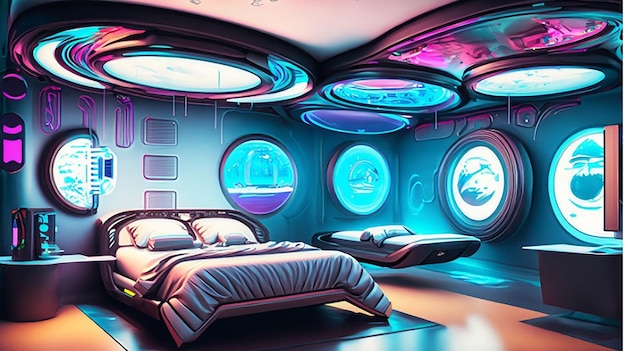 Photo a holographic smart modern hightech scifi cyberpunk futuristic bedroom interior 3d home decor