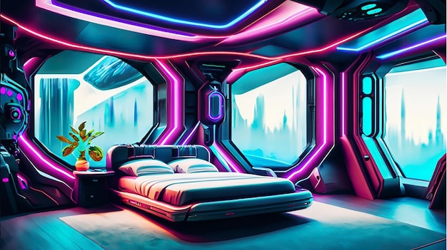 A holographic smart modern hightech scifi cyberpunk futuristic bedroom interior 3d home decor