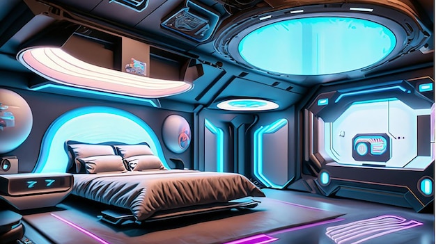 ホログラフィックスマートモダンハイテクSFサイバーパンク未来的な寝室のインテリア3D家の装飾