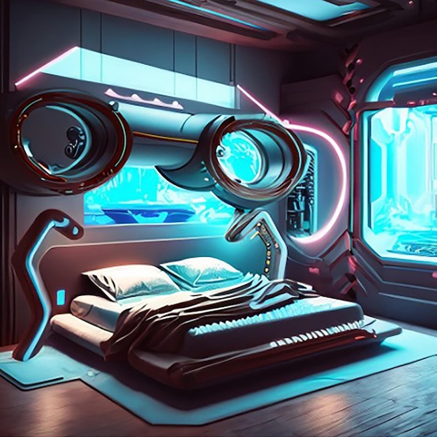 Голографический умный современный высокотехнологичный sci-fi киберпанк футуристический интерьер спальни 3D декорация дома