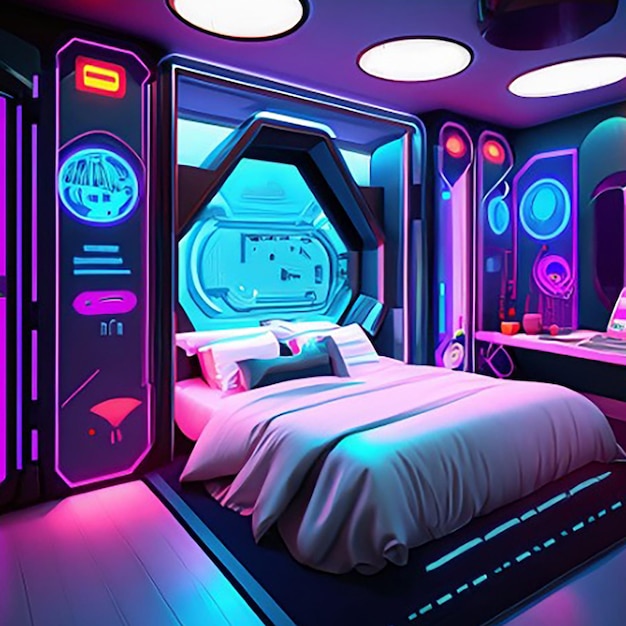 A holographic smart modern hightech scifi cyberpunk futuristic bedroom interior 3d home decor