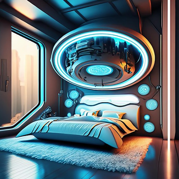 A holographic smart modern hightech scifi cyberpunk futuristic bedroom interior 3d home decor