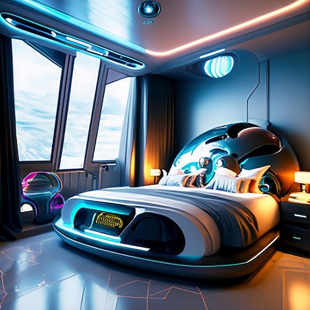 A holographic smart modern hightech scifi cyberpunk futuristic bedroom interior 3d home decor