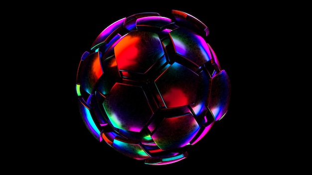 Фото Голографический футбольный мяч, изолированные на черном фоне. 3d-рендеринг радужного футбольного мяча.
