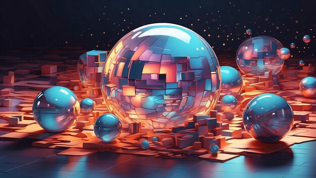 A holographic touch that enhances the interplay between cubes and spheres casting vibrant