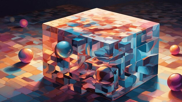 A holographic touch that enhances the interplay between cubes and spheres casting vibrant