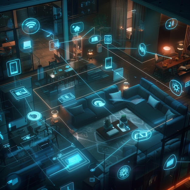 A holographic visualization of an entire smart home with various devices connected