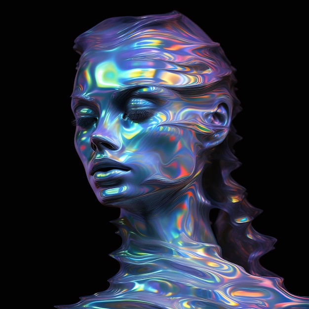 Голографическая водная скульптура женщины, светящаяся среди волнистой жидкости