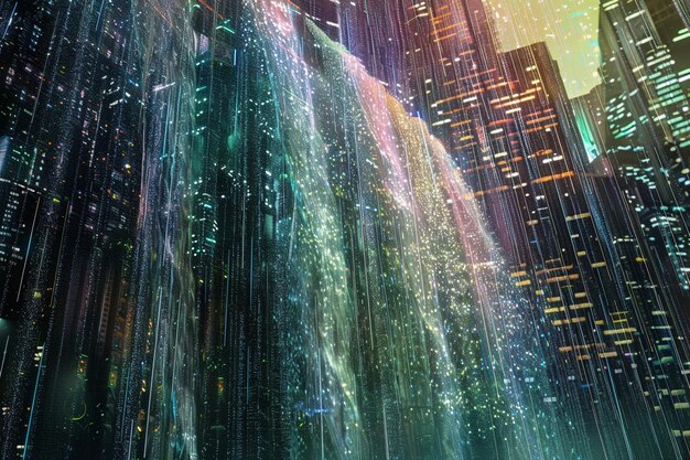 Holographic waterfall cascading through a cityscap