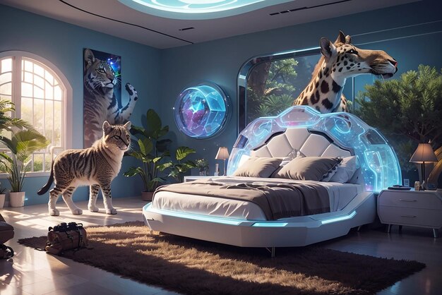 Holographic wildlife safari a futuristic bedroom with virtual animal encounters