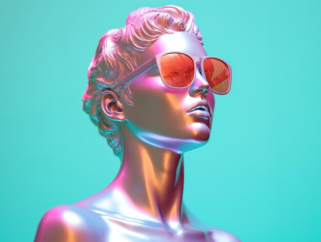 ハログラフィックな女性がターコイズ色の背景にサングラスをかぶっている 生成人工知能
