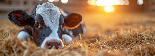 写真 ホルシュタインの牛は酪農場の納屋で日光に晒されて草を消費しています牛産業または現代の肉と牛乳生産の旗