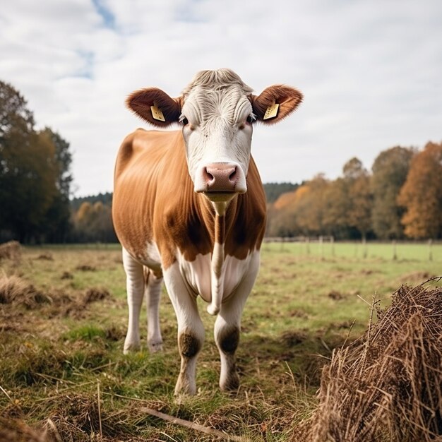 Holstein cow standing in a lush green field looking at the camera