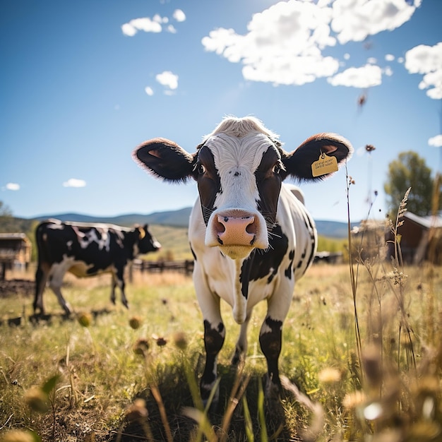 Holstein cow staring at the camera in a lush green field