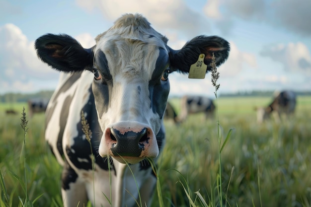 エストニアの牧草地で標識を付けたホルシュタイン・フリージアン牛