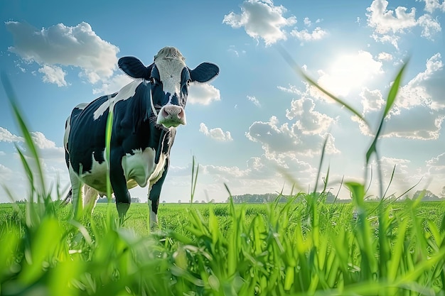 Holsteinse Friese runderen in een groene Nederlandse weide met een blauwe hemel en wolken