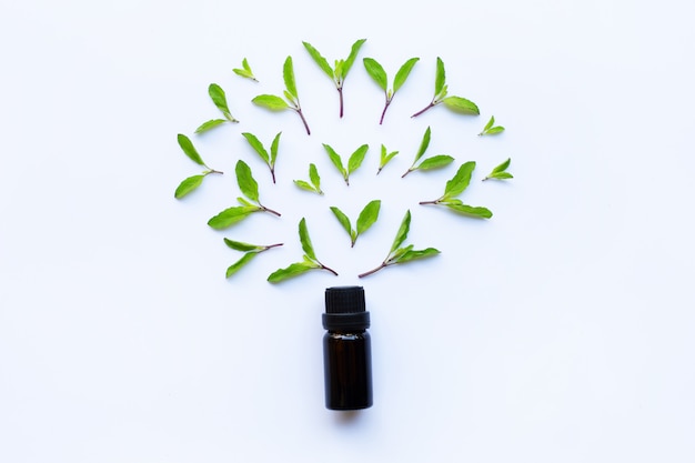 Holy basil essential oil in a glass bottle on white background