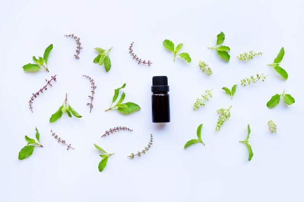 Holy basil essential oil in a glass bottle on white background