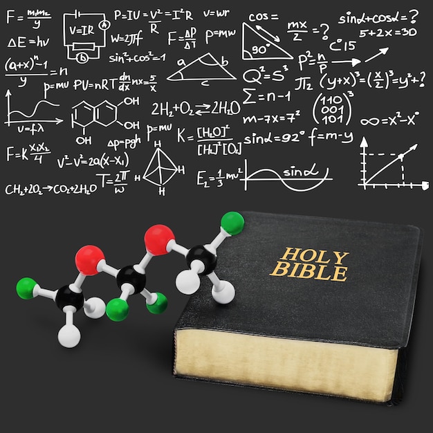 Photo holy bible book and chemistry form on dark background
