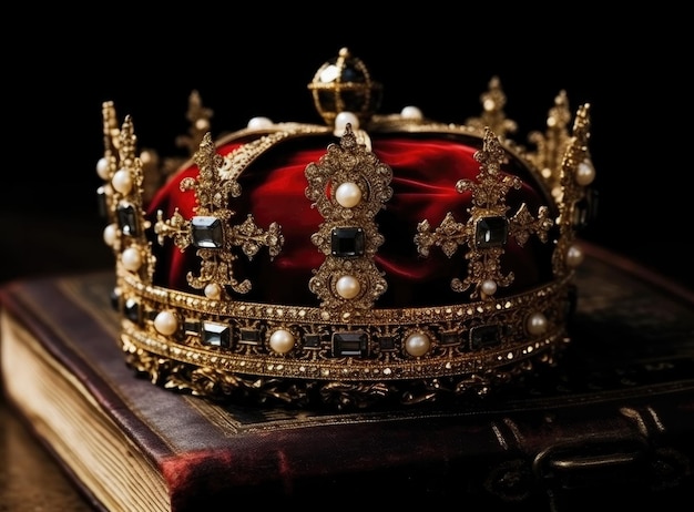 Photo the holy bible and a kings crown on a dark moody background