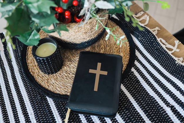 Holy bible on the kitchen table reading and prayer time