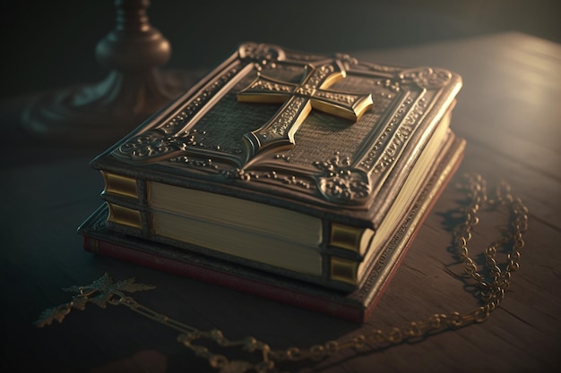 Holy bible An open book is reflected in table Book as a symbol of bible Concept reading christian literature praying Religion Jesus Christ Son of God old holy scripture