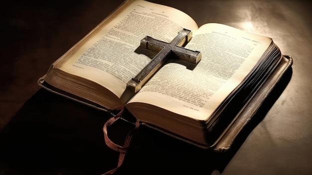 Святая Библия с крестом Иисуса Христа на столе