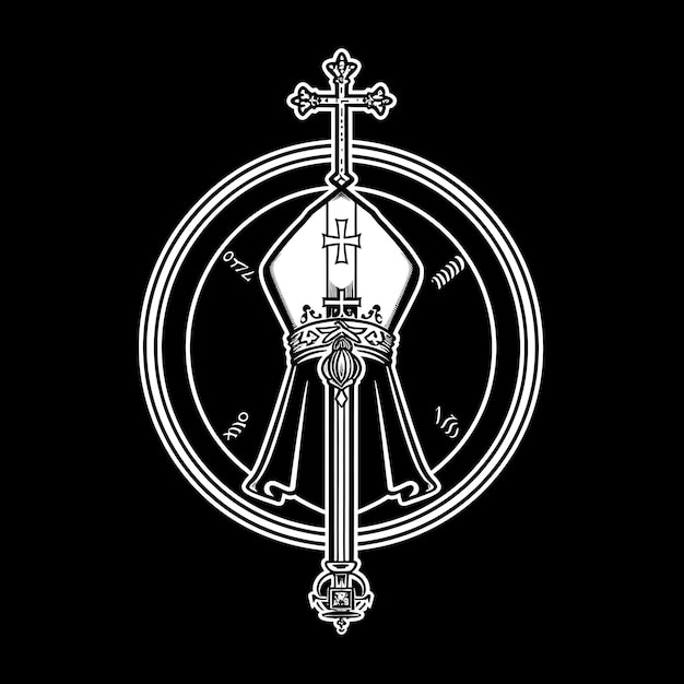 ディ・クリエイティブのロゴデザインのタトゥー・アウトラインのためのミトレとクロージャー司教の聖クランのバッジ