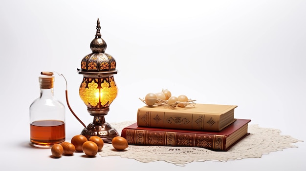 A Holy book is open to a lamp next to a lit lantern