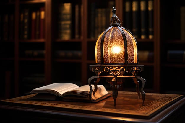 A Holy book is open to a lamp next to a lit lantern