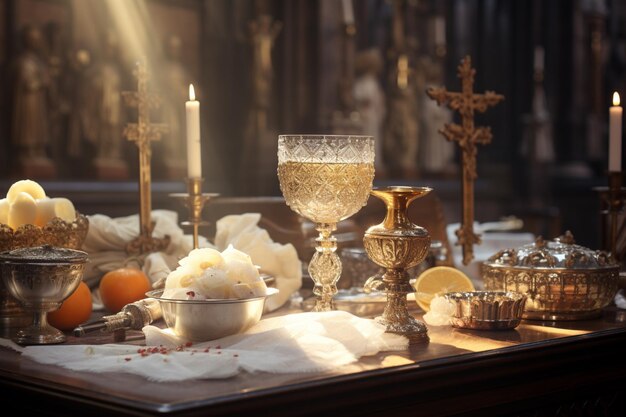 Holy Communion on a table in the church representing the Feast of Corpus Christi