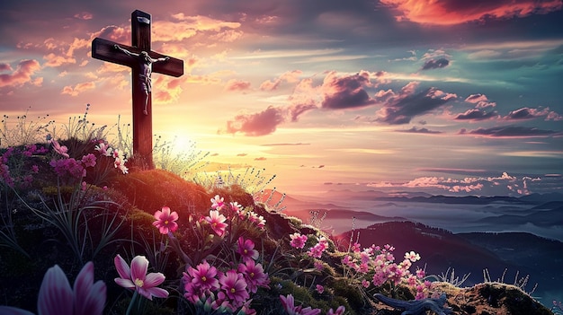 Photo holy cross in nature and crucified jesus for holy day and good friday concept