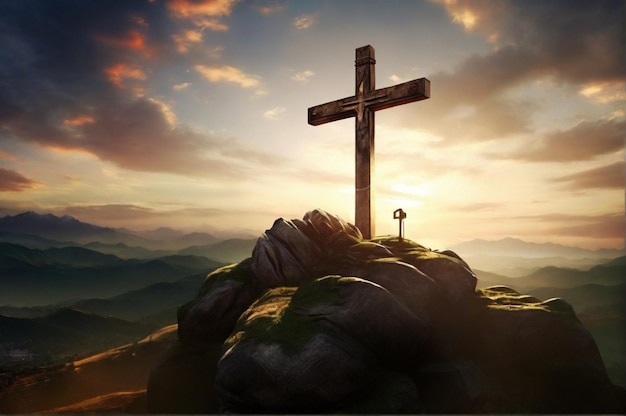 Photo holy cross symbolizing the death and resurrection of jesus christ with dramatic sky view