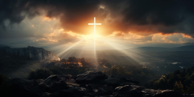 Holy cross symbolizing the death and resurrection of Jesus Christ with The sky over Golgotha Hill is shrouded in light and clouds