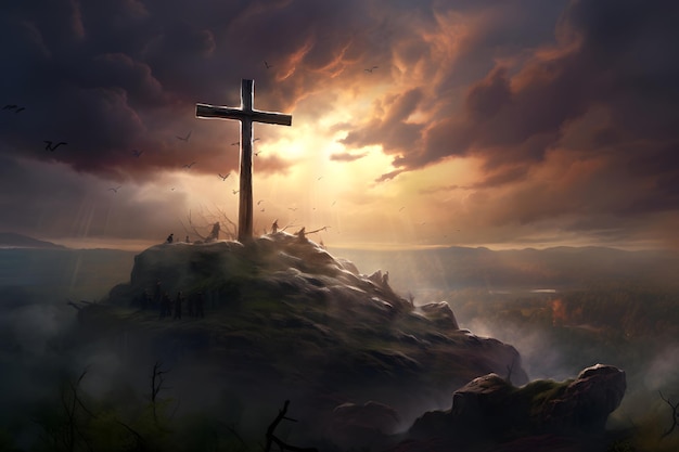 holy cross symbolizing the death and resurrection of Jesus Christ with The sky over Golgotha Hill is