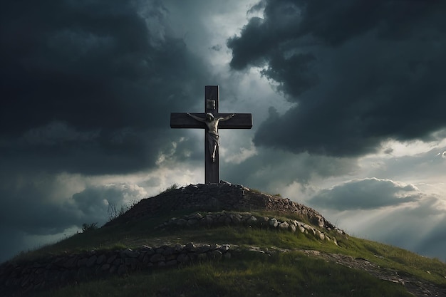 Holy cross symbolizing the death and resurrection of Jesus Christ with the sky over Golgotha Hill is