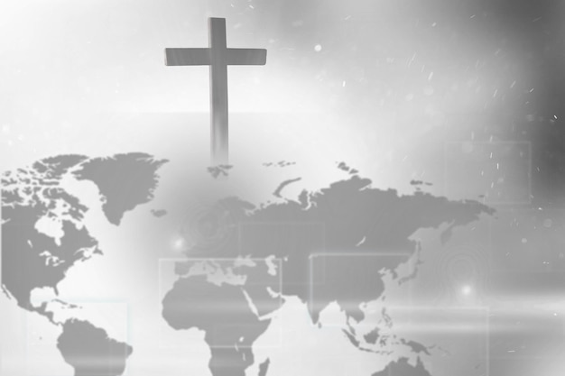 The Holy Cross and the World Gospel on world background.