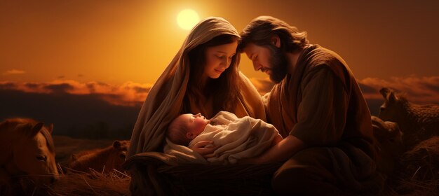 Foto santa famiglia natività scena nascita di gesù cristo buon natale