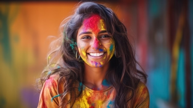 Holy Festival Portrait of happy young Indian woman with face covered with Holi paint