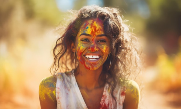 Holy Festival Portrait of happy young Indian woman with face covered with Holi paint